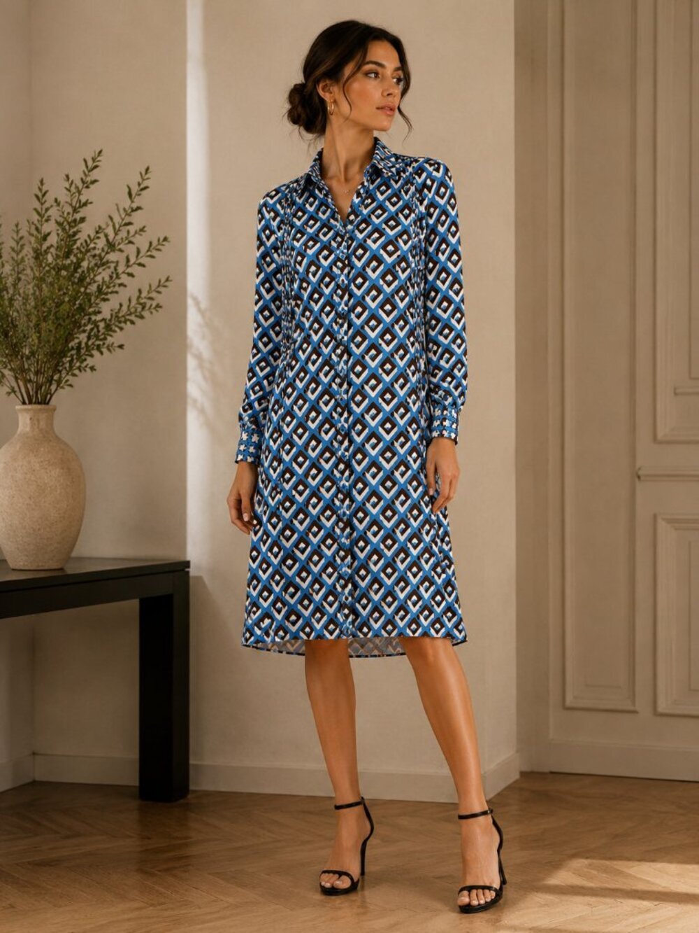 Diane Von Furstenberg 100%Silk Geometric Print Tunic Shirt Dress Blue Brown Sz S